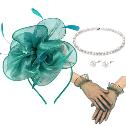 Fascinators Hats with Gloves Set for Women 20s 50s Cocktail Tea Party Wedding Costume Headwear - color: 03-teal