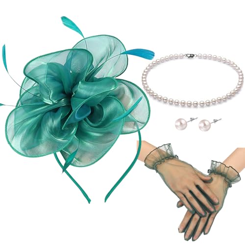 Fascinators Hats with Gloves Set for Women 20s 50s Cocktail Tea Party Wedding Costume Headwear - color: 03-teal