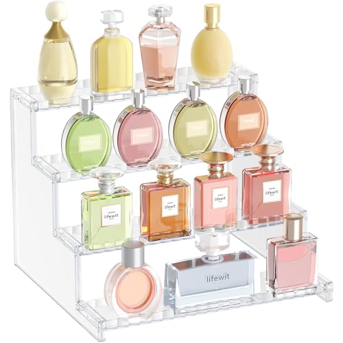 Lifewit 4 Tier Clear Display Riser Stand with Decorative Secure Fences, Tool-free Assembly, Plastic 12 Inch Perfume Organizer, Display for Figures, Cupcake, Dessert, 1-pack - color: Clear