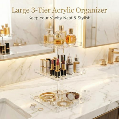 YAGELI 3-Tier Perfume Organizer Stand for Vanity - Large Clear Acrylic Display & Storage for Bathroom Countertop, Dresser | Makeup, Jewelry Holder with Non-Slip Base - size: 11.2" x 11.2" x 15.3"