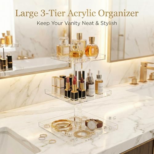 YAGELI 3-Tier Perfume Organizer Stand for Vanity - Large Clear Acrylic Display & Storage for Bathroom Countertop, Dresser | Makeup, Jewelry Holder with Non-Slip Base - size: 11.2" x 11.2" x 15.3"