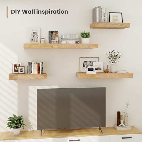 Heimlove 24 x 12 Inch Deep Floating Shelves Wall Mounted with Invisible Brackets,Storage Hanging Shelf for Wall Decor in Bathroom, Bedroom, Toilet, Kitchen, Living Room, Office Set of 2 (Oak) - color: Oak, size: 24"W x 12"D x 2"H, Set of 2