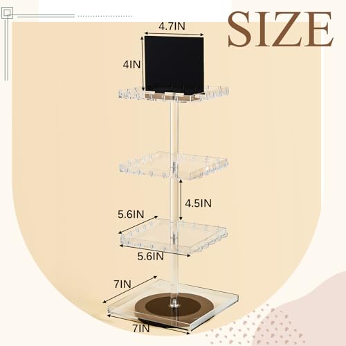 4-tier Bracelet Holder 360° Rotating Acrylic Bracelet Display Stand with 60 Hooks, Jewelry Holder Organizer with Tray, Jewelry Display Stand with Advertising Board for Bangles Keychain Earrings Vendor