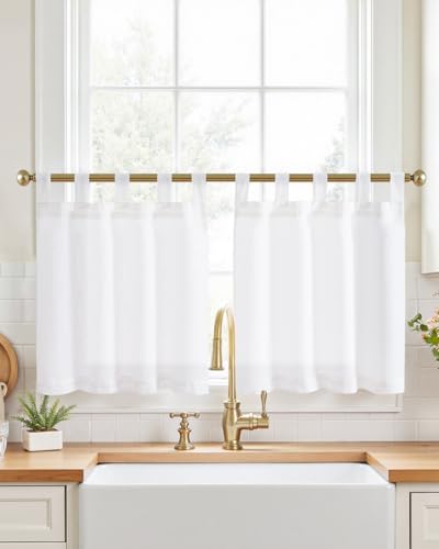 jinchan Linen Tier Curtains 24 Inch Farmhouse Tab Top Cafe Curtains Small Window Drapes Flax Country Rustic Light Filtering for Bathroom Laundry Room RV 2 Panels White - color: Tab Top White, size: 26"W x 24"L (Pack of 2)