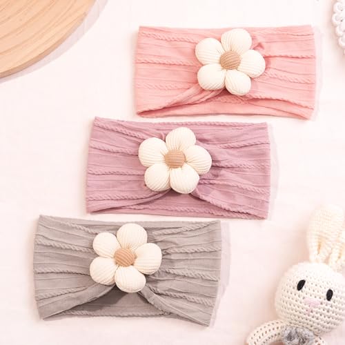 CÉLLOT Baby Flower Headbands Baby Girls Nylon Headbands Baby Essentials Stretchy Hairbands Handmade Hair Accessories for Newborn Infant Toddlers Kids (Pink,Khaki Gray,Dusty Pink) - color: Pink+Cameo+Salmon
