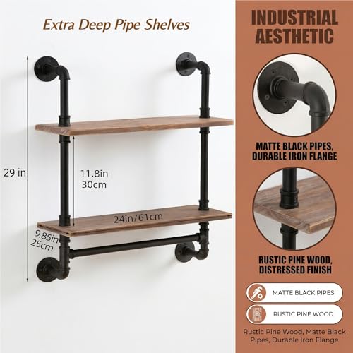 ROGMARS Industrial Pipe Shelving Bathroom Pipe Shelves with Towel Bar Over Toilet, 24 inch Pine Wood Floating Shelves for Wall Mounted Bedroom,Kitchen, Farmhouse, Living Room - color: Rustic Brown, size: 24 Inch 2 Tier