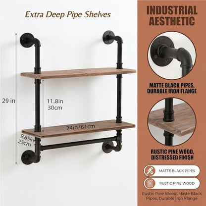 ROGMARS Industrial Pipe Shelving Bathroom Pipe Shelves with Towel Bar Over Toilet, 24 inch Pine Wood Floating Shelves for Wall Mounted Bedroom,Kitchen, Farmhouse, Living Room - color: Rustic Brown, size: 24 Inch 2 Tier
