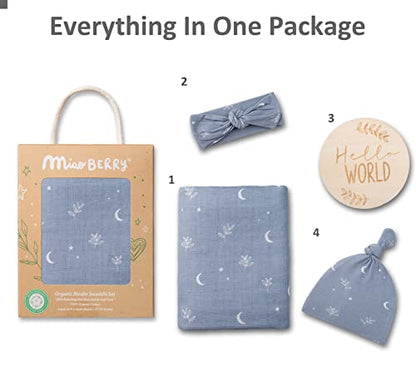 Miaoberry 100% Organic Muslin Swaddle Set w Matching Hat/Bow| Moon Leaves in Haze Blue| Hospital Home-Coming Baby Announcement Blanket Gender Neutral for Boy n Girl - color: Moon Blue