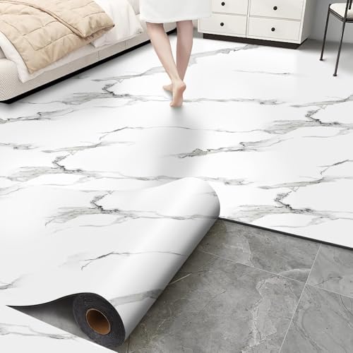 Luxury Thicken Matte Grey White Marble Peel and Stick Floor Tiles Self-Adhesive Vinyl Flooring Roll-DIY Easy for Wall and Floor,Hard Surface/Waterproof/Anti Slip (Not Real Marble, 17.72 "W x 118" L) - color: Grey White Marble, size: 17.72 "W x 118" L