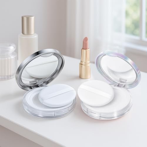 Tokusatsu 2-Pack Refillable Loose Powder Container with Puff & Mirror - 0.17 oz Travel Portable Empty Makeup Compact with Mesh for Women Girls, Silver Iridescent Silver - color: Silver Iridescent Silver