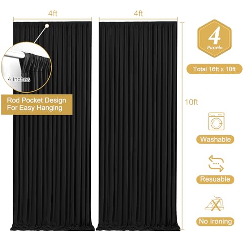 Wish Care Black Backdrop Curtain 4 Panels - Wrinkle-Free Polyester Photography Drapes for Wedding & Party - 16 X 10FT - color: Black, size: W4' x H10'(4 panels)