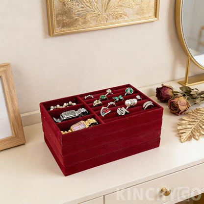4 Pack Stackable Velvet Jewelry Trays Organizer Drawer Inserts Container Display Storage Box for Necklaces Bracelets (Red)