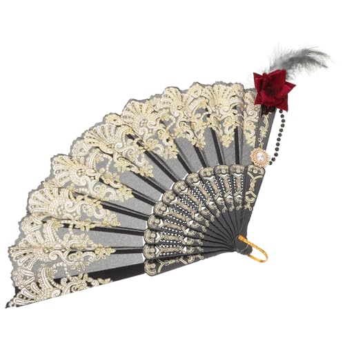 GALPADA Gold Plated Plume Folding Fan Vintage Style Handheld Fan with Black Rose Decor for Tea Party Photography Prop