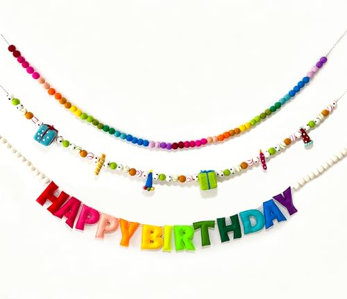 3Pcs Pre-Strung Happy Birthday Banner with Wool Balls, Rainbow Party Decorations, Reusable Happy Birthday Felt Ball Garland, Personalized Holiday Sign for Birthday Party Decor, Home Classroom Decor, Photo Prop (Birthday Banner + Felt Garland + Rainbow Bal