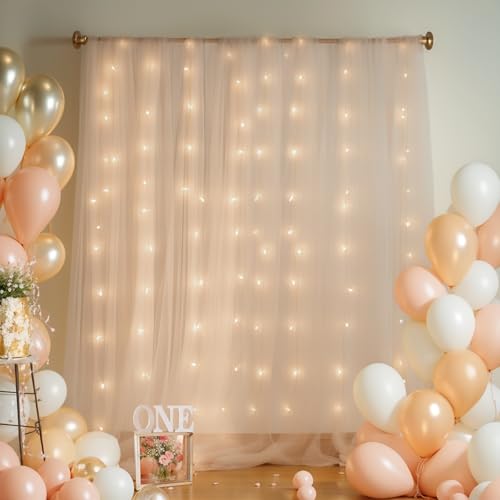 30x8ft Champagne Tulle Backdrop Curtain with Lights String for Parites, Sheer Backdrop Curtains for Wedding Baby Shower Birthday Party Photo Shoot Decorations - color: Champagne, size: 30ft x 8ft(6 Panels 5*8ft)