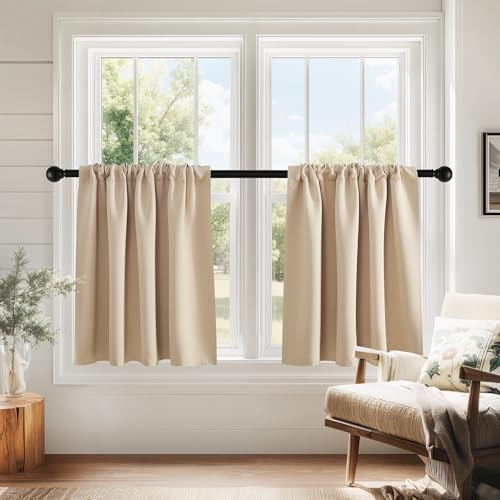 PONY DANCE Kitchen Window Curtains for Bathroom - Solid Light Block Privacy Drapes for Kitchen Cabinet Bedroom Cafe Window Decor, W 29 x L 24, Biscotti Beige,2 PCS - color: Biscotti Beige, size: 29"W x 24"L (Pack of 2)