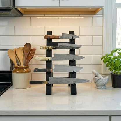 MyGift 5-Tier Premium Acacia Black Wood Knife Holder – Foldable A-Frame Countertop Cutlery Stand for Chef Knives, Kitchen Knife Storage and Drying Rack