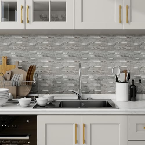Peel and Stick Backsplash Tiles for Kitchen, 10 Sheets Grey Slate Marble PVC Wall Tile, Self Adhesive Waterproof Heat Resistant Stick On Backsplash for Bathroom, RV, Laundry Room, 9.2 Sq Ft - color: Grey Slate