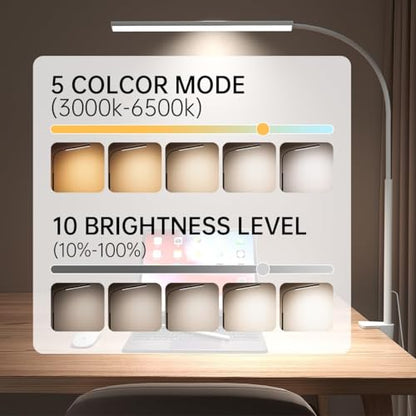 LED Desk Lamp with Clamp, Eye-Protection Clip on Desk Lamp, 5 Modes 10 Brightness Adjustment, 360°Flexible Gooseneck Lamp for Home Office, Lamps with USB Adapter，White - color: Plus.-White