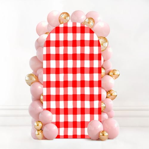 6.6FT Wedding Arch Backdrop Cover Red White Gingham Seamless Checkered Texture for Picnic Blanket Spandex Fitted Fabric Round Top Stretchy Stand Covers for Baby Shower Birthday Party Decoration - color: Color5, size: 6.6x3.3 FT