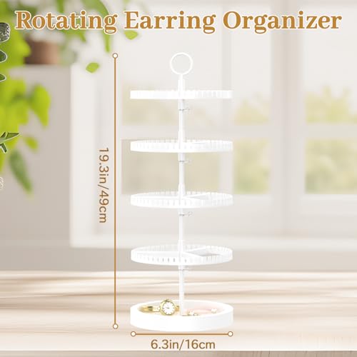 MODOWEY 4 Tier Rotating Earring Holder Organizer Display Tree with Wooden Tray, Adjustable Plastic Stand with 228 Slots for Stud Hoop Hanger, Large Capacity Storage Rack for Women Space Saving, White - color: Matte White