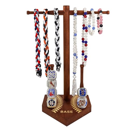 rain bunny Wooden Baseball or Softball Drip Necklace Organizer Holder, Championship Ring Display Holder, Softball Ring Holder, Drip Necklace Baseball Display Gift (Walnut Red) - color: Walnut Red