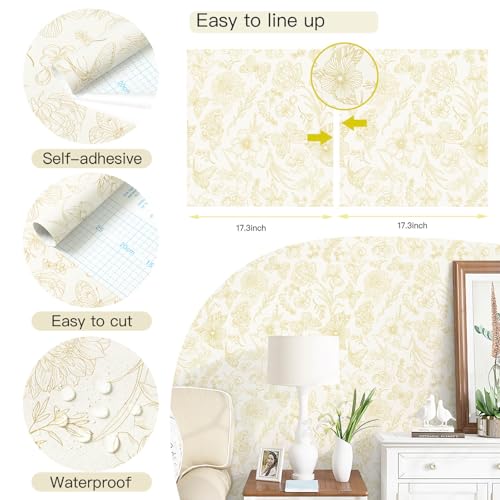 Gold Wallpaper Floral Peel and Stick Wallpaper White and Gold Wall Paper Laundry Room Contact Paper Self-Adhesive Removable Nursery Kids Room Bathroom Bedroom Shelf Liner Vinyl 78.7" x 17.3" - color: Yellow and Beige, size: 17.3" x 78.7"