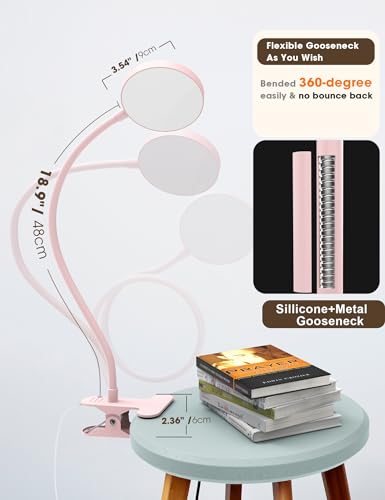 LiFMIRA Desk Lamp Clip on Light 8W 66 LED Reading Light for Bed, 5 Colors 10 Dimming Levels, Eye Caring Metal Reading Lamp, Clip lamp for Bed Headboard Home Office (Pink) - color: Pink