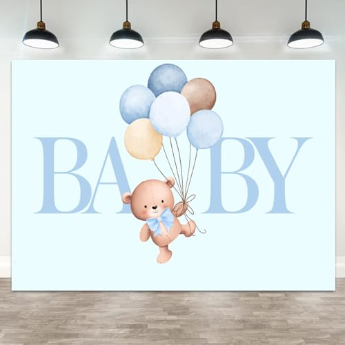 5x4ft Baby Shower Backdrop Bear Balloons Light Blue Banner for Boy Newborn Photoshoot Gender Reveal Party Photo Background Cute Bear Balloon Bouquet Backdrop for Baby Party Decoration - color: Color 9, size: 5x4ft
