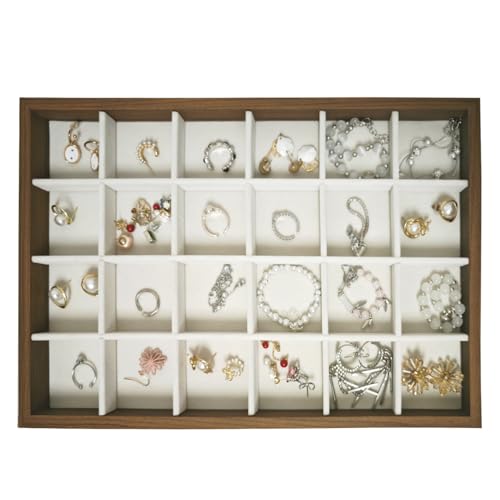 Large Jewelry Trays for Drawers Stackable Velvet Jewelry Display for Vendors Jewelry Drawer Organizer Inserts for Rings Necklace Bracelets Earrings and Studs Earrings (Beige, 24 Grid) - color: Beige, size: 24 Grid