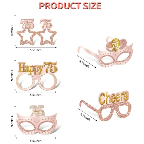Guiruiy 24PCS 75th Birthday Eyeglasses Decorations for Women, Pink Rose Gold Happy 75th Birthday Paper Eyeglasses Party Supplies, Seventy five Year Old Bday Glasses Decor - style: Rose Gold 75th