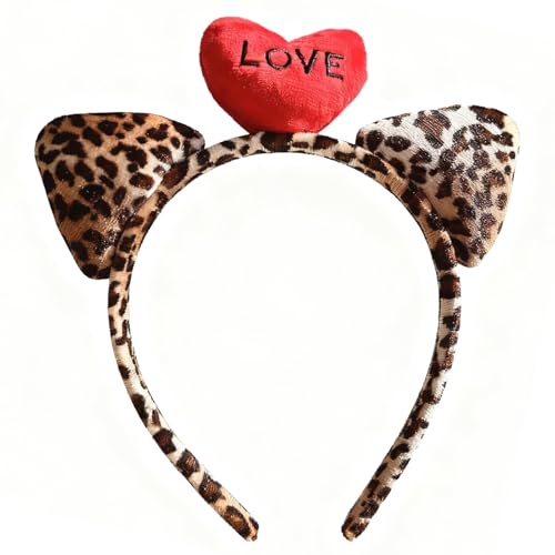 Valentine’s Day Headband Leopard Print Cat Ear Hairband Hair Accessories Gift for Date Candlelit Dinner Party Supplies - color: Red