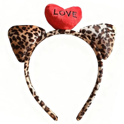 Valentine’s Day Headband Leopard Print Cat Ear Hairband Hair Accessories Gift for Date Candlelit Dinner Party Supplies - color: Red