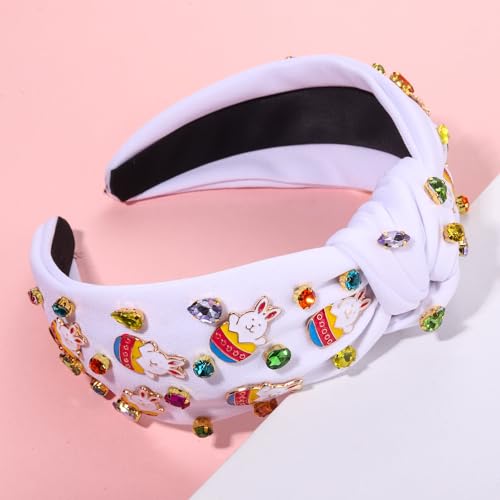boderier Easter Headband Beaded Bunny Easter Egg Headband Jeweled Crystal Embellished Knotted Holiday Hair Accessories (Basket Bunny-White)