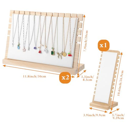 3 Pcs Necklace Display Stands for Selling, Bamboo Necklace Holder with PU Leather Panel Beige Multi-Tiered Jewelry Display Storage Set for Vendors and Home (11.8x7.9x3.3 Inch/10.6x3.9x3.7 Inch)