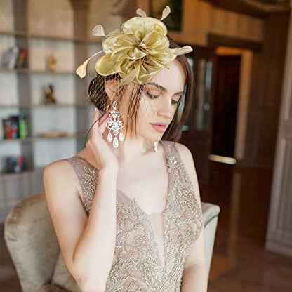 Fascinators Hats with Gloves Set for Women 20s 50s Cocktail Tea Party Wedding Costume Headwear - color: A-yellow