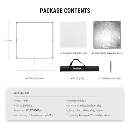 NEEWER Light Diffusion Panel Scrim Kit with Silver/White Reflector Film 30"x30" Foldable Frame with 5/8" Baby Pins Handle for C Stand 3 in 1 Diffuser for Studio Portrait Product Photography, SF7575F - size: 30"x30"