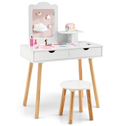 Costzon Kids Vanity Set, Girls Vanity Set with Mirror and Stool, 2 Large Drawers, Storage Shelf, Wooden Princess Makeup Dressing Table, Pretend Play Vanity Table and Chair Set for Toddlers, White - style: White with Square Mirror