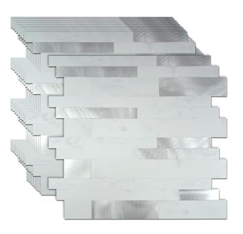 10 Sheets Peel and Stick Backsplash Tile for Kitchen, Self-Adhesive Mosaic Tile, Stick on Bathroom Vanities，Fireplace Décor, Laundry Table (White + Silver) - color: White + Silver