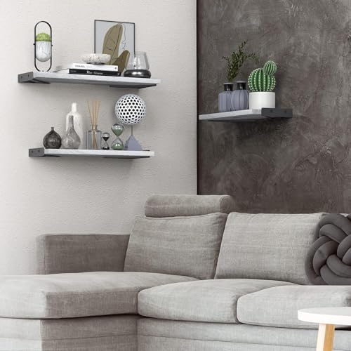 BAYKA Wall Shelves for Bedroom Decor, Floating Wall Shelves for Living Room Kitchen Storage, Mounted Rustic Wood Floating Shelves for Kids Books,Corner Shelves for Bathroom(Gray White，Set of 3) - color: E. Gray White Board & Black Brackets, size: 16-inch