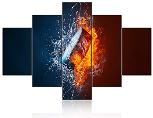 Red and Blue Canvas Wall Art Hockey Puck Exploding by Elements Fire and Water Painting Background for Sports Tournament Poster Modern House Decor Wooden Framed Stretched 5 Panel Tto Hang(60''Wx40''H) - color: Artwork-36, size: 60''W x 40''H