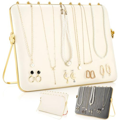 Colingmill 1 Pack Necklace Display Stand for Vendors 14 x 9.7 Inch Large Velvet Necklace Display Stand Double-sided Chain Holder Beige Grey Chain Jewelry Holder for Selling Craft Show Exhibidores