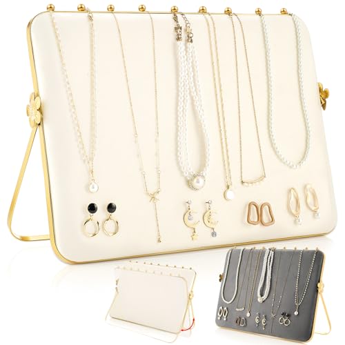 Colingmill 1 Pack Necklace Display Stand for Vendors 14 x 9.7 Inch Large Velvet Necklace Display Stand Double-sided Chain Holder Beige Grey Chain Jewelry Holder for Selling Craft Show Exhibidores