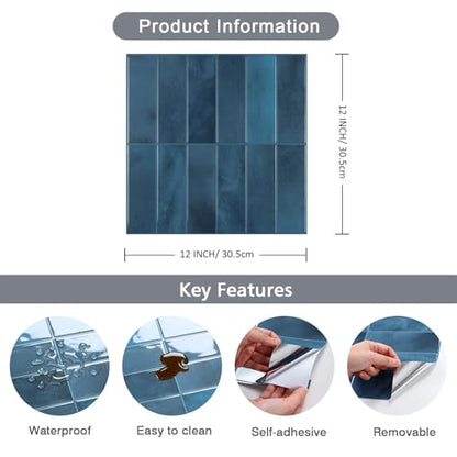 CHIHUT 6 Sheets Blue Rectangular Kitchen Backsplash Tiles Peel and Stick 12"X12" Marble Self Adhesive Stick on Backsplash for Bathroom Laundry Room 3D Removable Thick Vinyl Subway Tiles - color: Blue, size: 6 Tiles