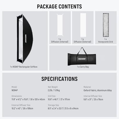 NEEWER Rectangular Softbox Kit, 12"x47" Strip Soft Box with Light Diffusers for Studio Photography Video Recording Streaming Lighting Compatible with Aputure 120d Compatible with Godox SL60w, NS94P