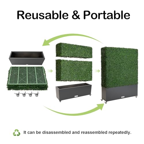 Artificial Boxwood Hedge Wall with Dark Grey Planter Box and Wheels, Greenery Fake Faux Grass Panels Backdrop Divider 48" WX66 HX14 D - size: 48"wx66"hx14"d