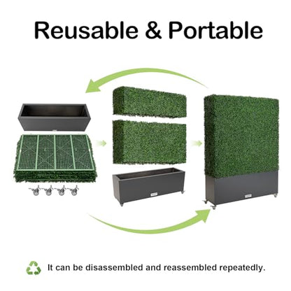 Artificial Boxwood Hedge Wall with Dark Grey Planter Box and Wheels, Greenery Fake Faux Grass Panels Backdrop Divider 48" WX66 HX14 D - size: 48"wx66"hx14"d