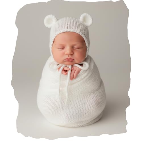 Baby Photography Props Infant Boy Girl Outfits - Crochet Knit Mohair Wrap Blanket & Bear Hat for Newborn Photo Shoots (White) - color: White