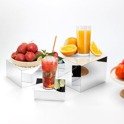 Acrylic Silver Mirror Display Riser, 3 Pcs Glossy Silver Risers for Display Food Display Lifter Nesting Display Risers Hollow Bottom, Acrylic Box Rack Perfume Cosmetics Collection Stand - color: Silver