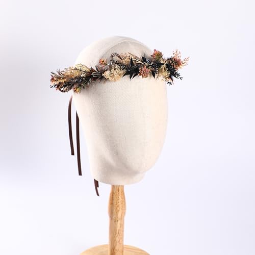 Brown Flower Crown Headband - Fairy Elf Floral Headpiece For Women Bridal Wedding Renaissance Hair Accessories Party Birthday Photoshoot Props - color: Feather-Brown